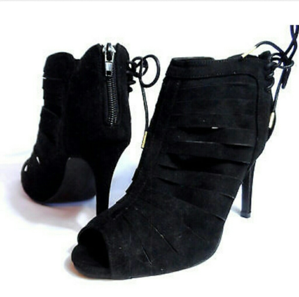 QUPID Bootie Stilleto High Heels Spiked Heel Black Zipper & Bows Velvet Slashed - Picture 2 of 7
